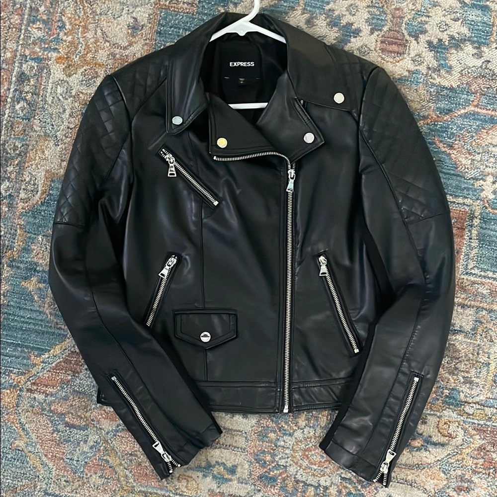 Express Black Leather Jacket Asymmetrical Zipper Moto